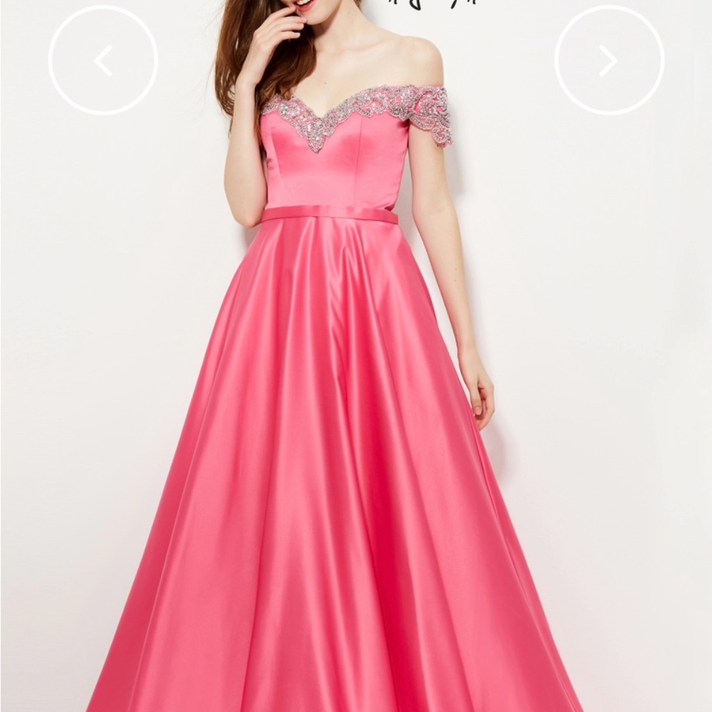 Angela & Alison Pink Satin Off-Shoulder Dress